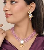 Pink beaded mirror pendant necklace & earrings set