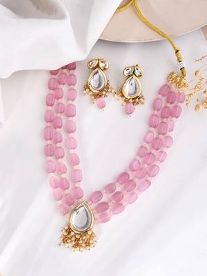 Pink beaded mirror pendant necklace & earrings set 2