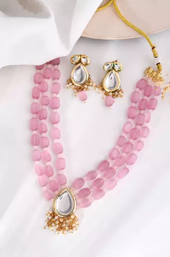 Pink beaded mirror pendant necklace & earrings set