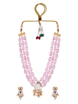 Pink beaded mirror pendant necklace & earrings set 3