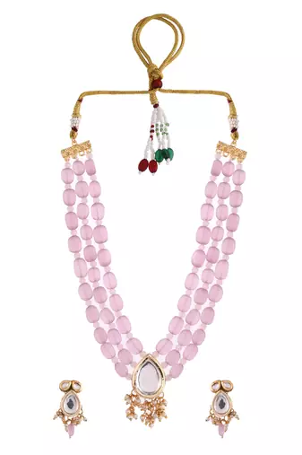 Pink beaded mirror pendant necklace & earrings set