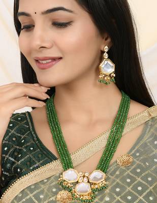 Green beaded mirror pendant necklace & earrings set for women 1