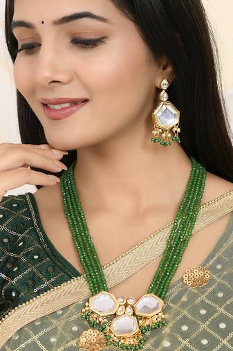 Green beaded mirror pendant necklace & earrings set for women