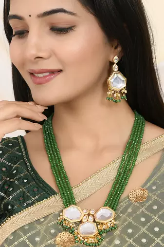Green beaded mirror pendant necklace & earrings set for women