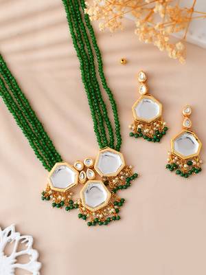 Green beaded mirror pendant necklace & earrings set for women 2
