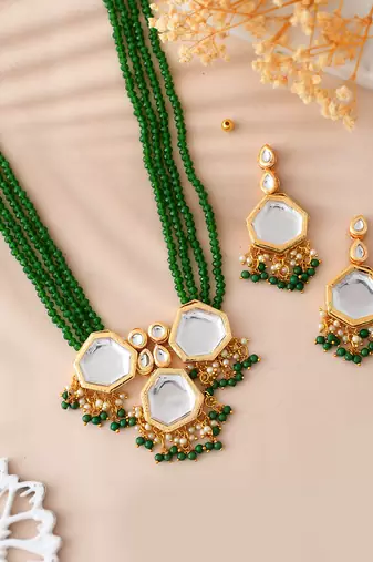 Green beaded mirror pendant necklace & earrings set for women