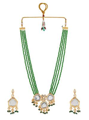 Green beaded mirror pendant necklace & earrings set for women 3