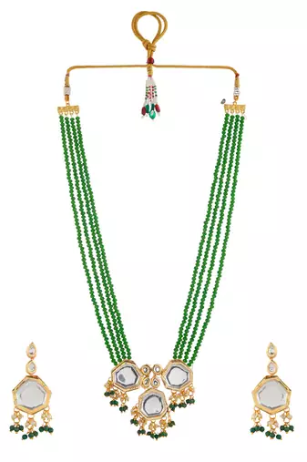 Green beaded mirror pendant necklace & earrings set for women