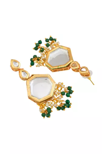 Green beaded mirror pendant necklace & earrings set for women