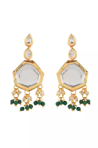 Green beaded mirror pendant necklace & earrings set for women