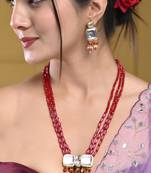 Red & pink beaded gold necklace & earrings set