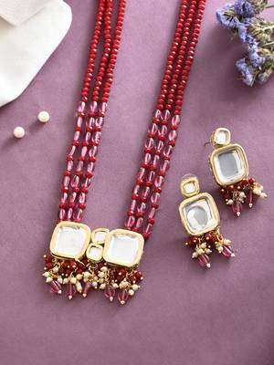 Red & pink beaded gold necklace & earrings set 2