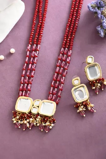 Red & pink beaded gold necklace & earrings set
