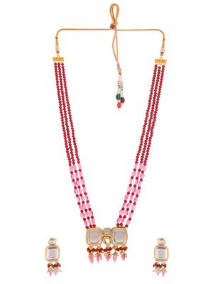 Red & pink beaded gold necklace & earrings set 3