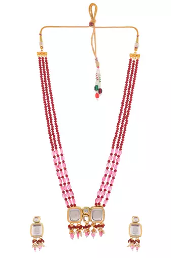 Red & pink beaded gold necklace & earrings set