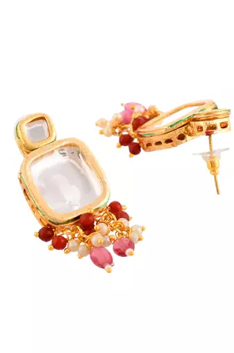 Red & pink beaded gold necklace & earrings set