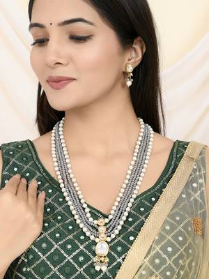 multi-strand pearl & grey bead necklace with matching earrings 1