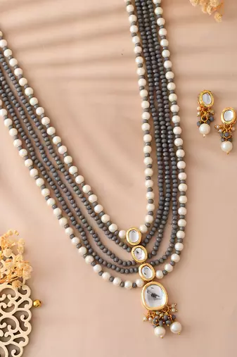 multi-strand pearl & grey bead necklace with matching earrings