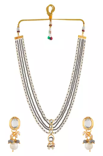 multi-strand pearl & grey bead necklace with matching earrings