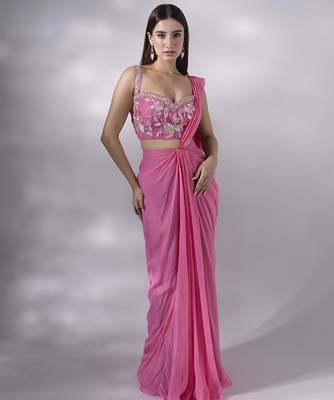 Pink georgette plain saree with embroidered blouse 1