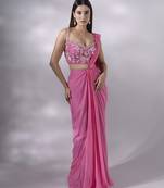 Pink georgette plain saree with embroidered blouse