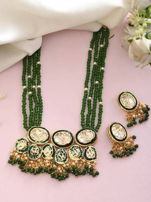 Green beaded kundan necklace & earrings set for women 1