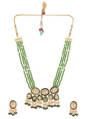 Green beaded kundan necklace & earrings set for women 2