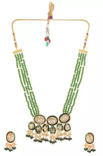 Green beaded kundan necklace & earrings set for women
