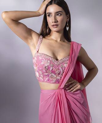 Pink georgette plain saree with embroidered blouse 2