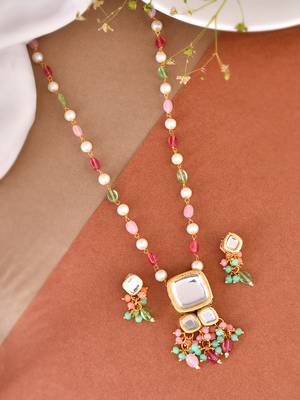 Long layered multi beaded kundan with pearl jewellery set 2