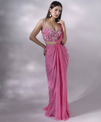 Pink georgette plain saree with embroidered blouse 3