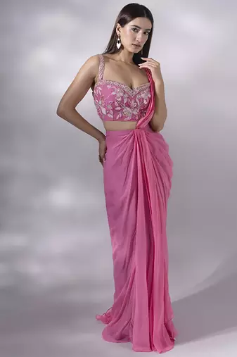 Pink georgette plain saree with embroidered blouse