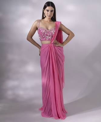Pink georgette plain saree with embroidered blouse 4