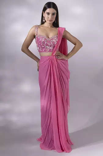 Pink georgette plain saree with embroidered blouse