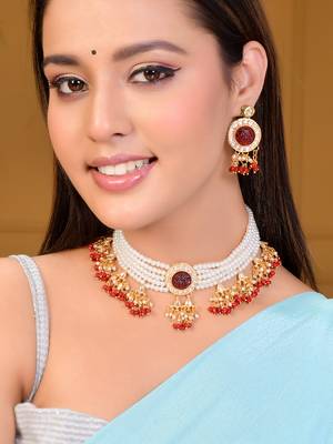 Multi-strand pearl & red bead necklace with earrings 1
