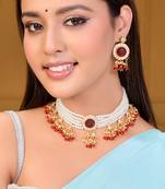 Multi-strand pearl & red bead necklace with earrings