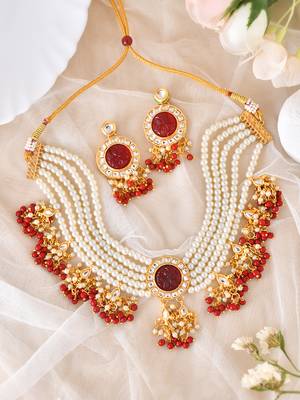 Multi-strand pearl & red bead necklace with earrings 2