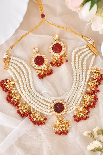 Multi-strand pearl & red bead necklace with earrings