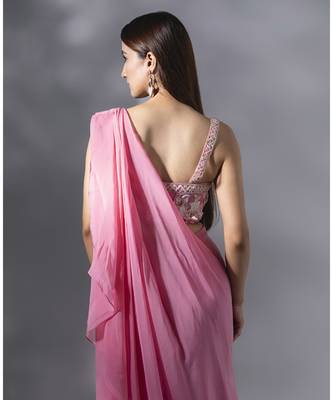 Pink georgette plain saree with embroidered blouse 5