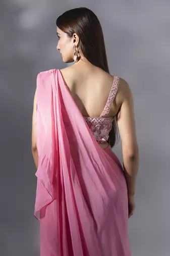 Pink georgette plain saree with embroidered blouse