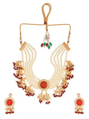 Multi-strand pearl & red bead necklace with earrings 3