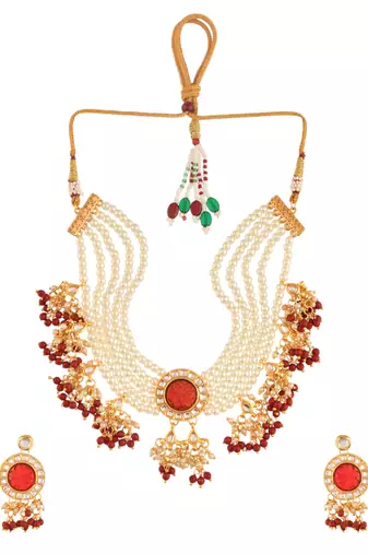Multi-strand pearl & red bead necklace with earrings