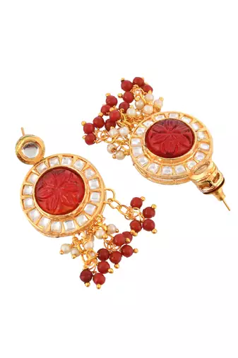 Multi-strand pearl & red bead necklace with earrings