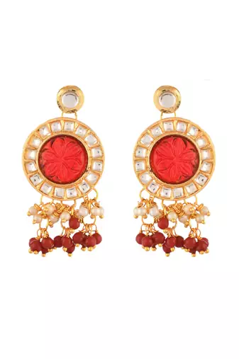 Multi-strand pearl & red bead necklace with earrings