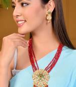 Red & pink beaded gold necklace & earrings set for women