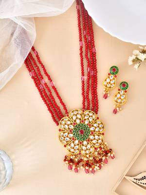 Red & pink beaded gold necklace & earrings set for women 2