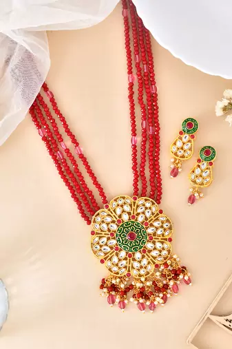 Red & pink beaded gold necklace & earrings set for women