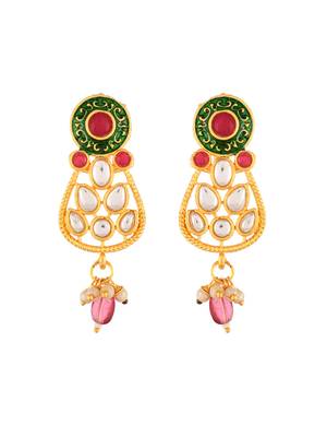 Red & pink beaded gold necklace & earrings set for women 3