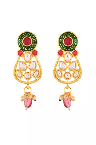 Red & pink beaded gold necklace & earrings set for women