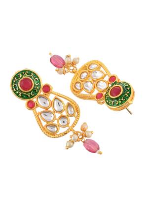 Red & pink beaded gold necklace & earrings set for women 4